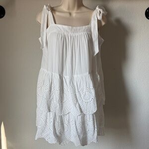 Lovecolette White Eyelet Tiered Tie Strap Mini Dress Medium